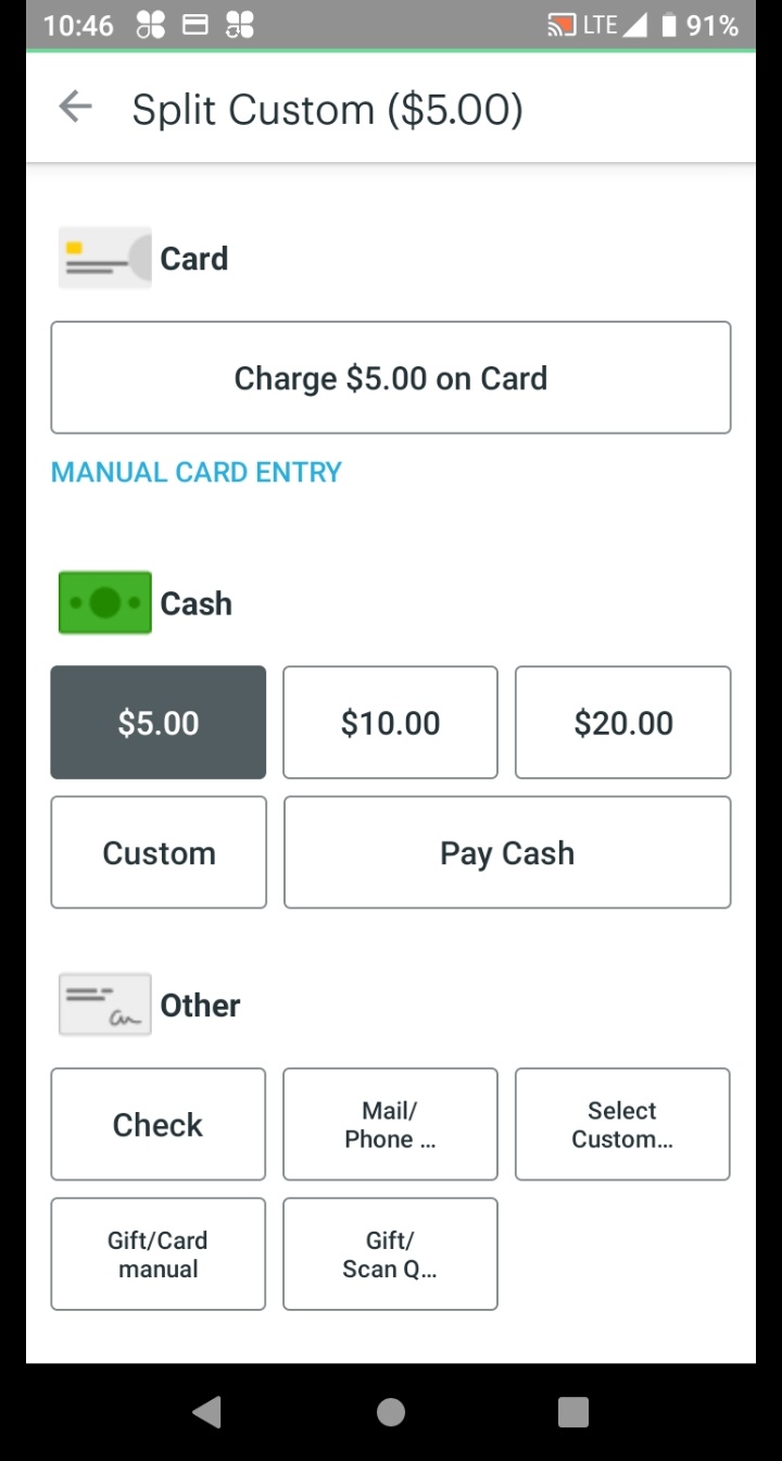 Split Custom screen showing Cash and Credit sections.